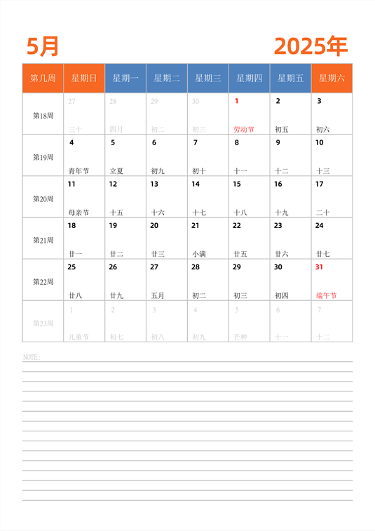 2025年日历台历 中文版 纵向排版 带周数 周日开始